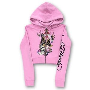 Ed Hardy Flying Skull Graphic Cropped Pink Zip-Up Hoodie, size Medium, EUC!